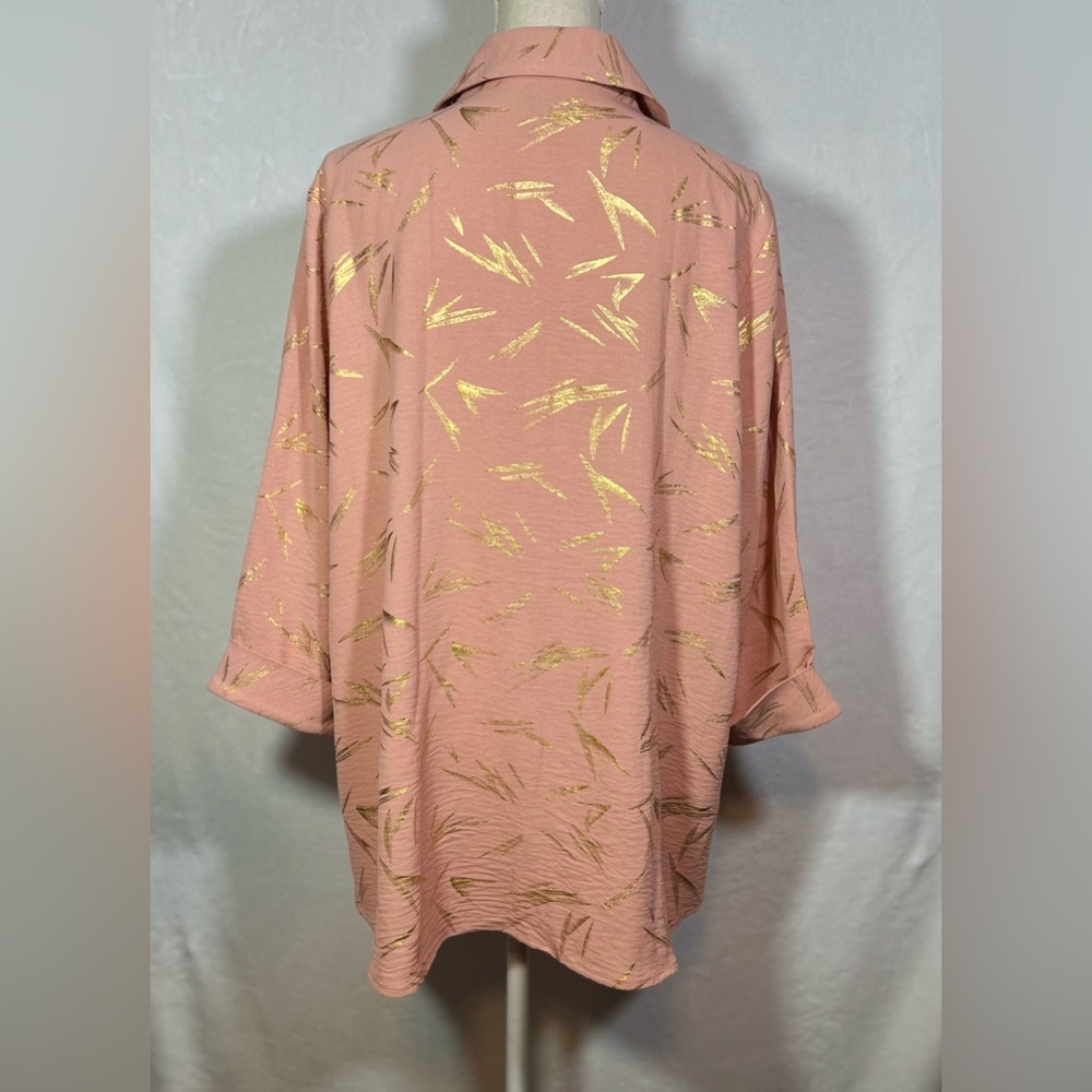 Olivia & Martin 1X Peach V-Neck Tunic Gold Foil Popover Cuff Sleeve Women Top - Picture 4 of 7